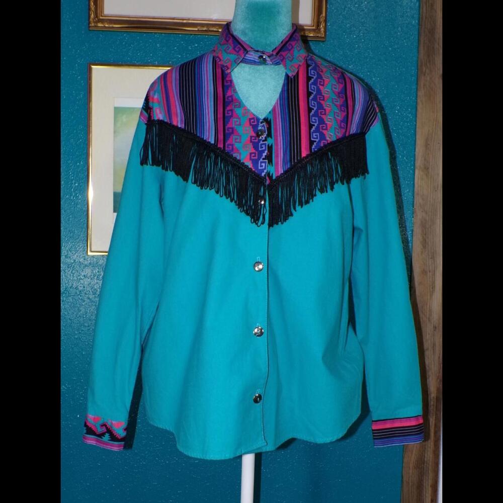 Vintage Turquoise Ozark Mountain Western Shirt with Fringed Collar - Medium